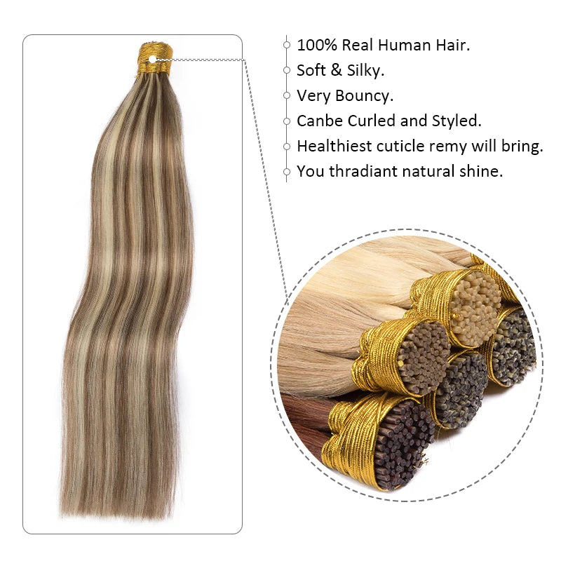 Straight I Tip Hair Extensions Human Hair Blonde Highlight Keratin