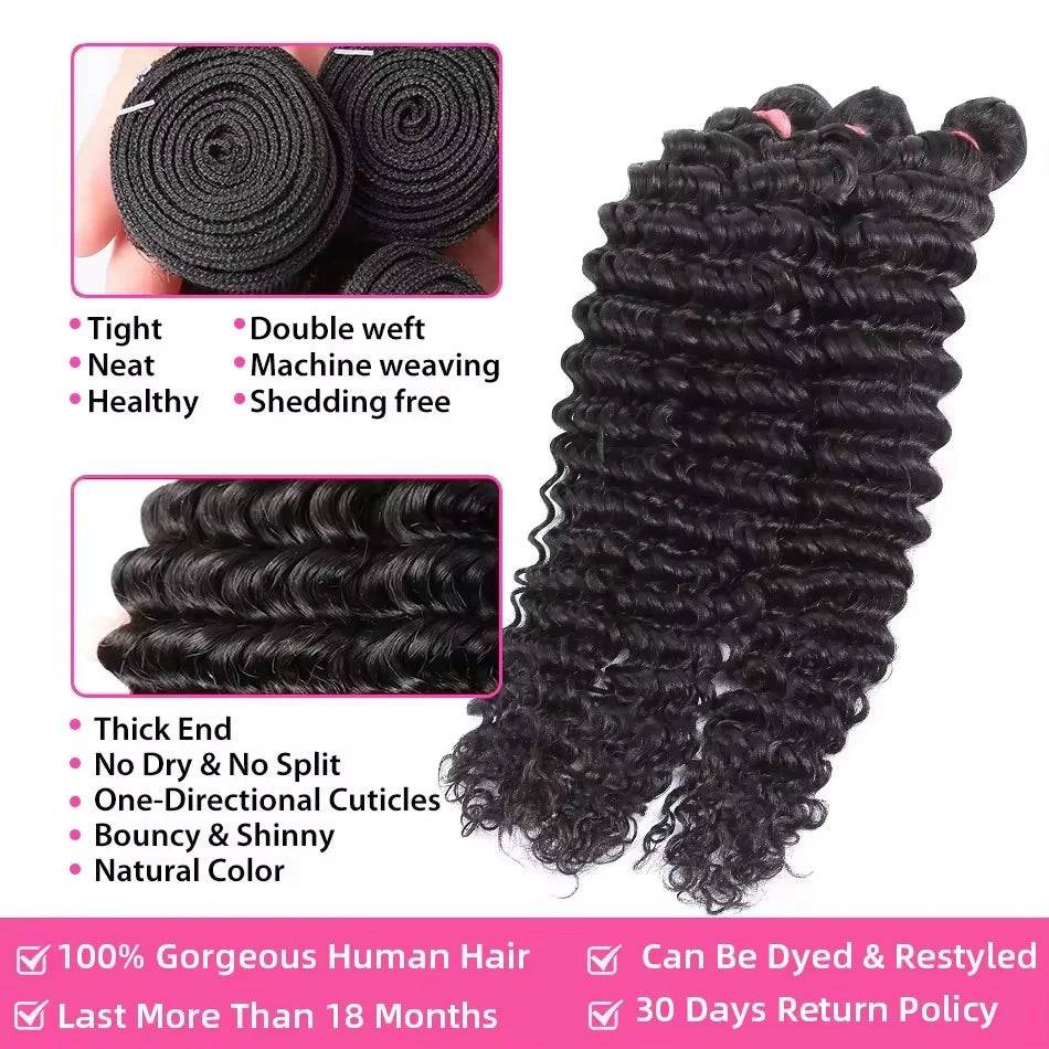 Deep Wave Bundle Human Hair 100% Unprocessed Brazilian Remy 30 32 Inch 3/4 Bundles Raw Curly Virgin Hair Extension Double Weft