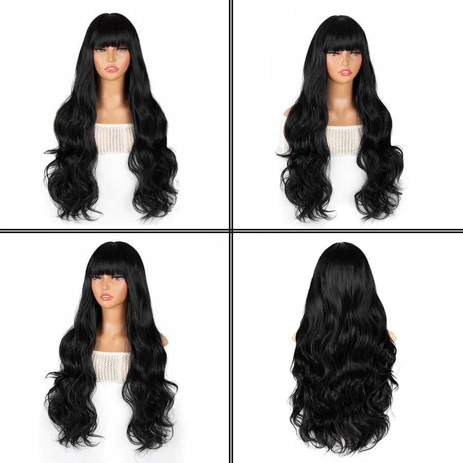 30" Black Curly Wig with Bangs