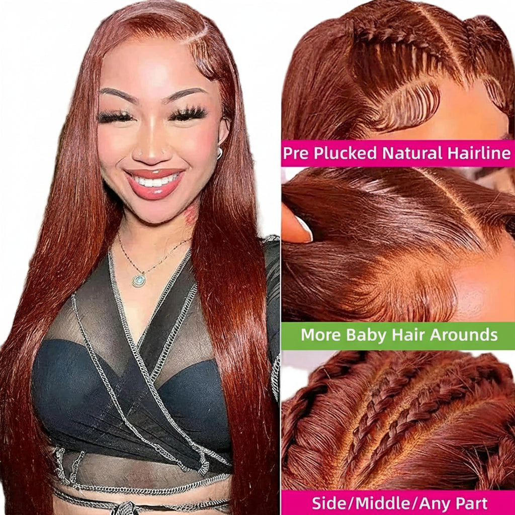 Reddish Brown HD Lace Front Wig Brazilian Straight Human Hair Wig