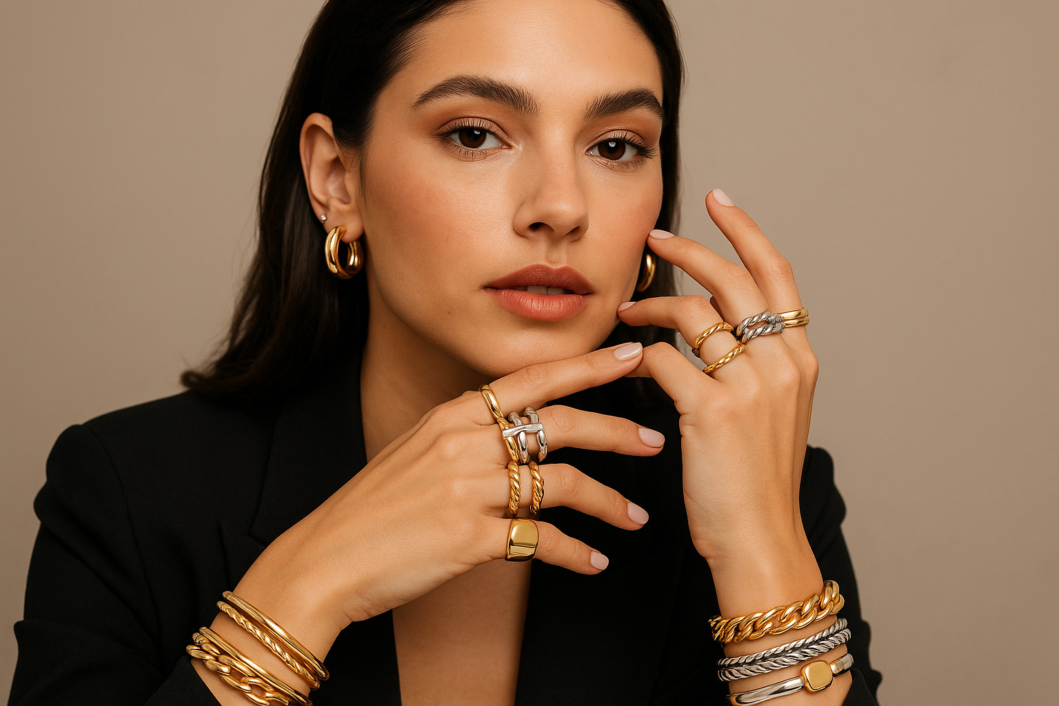 image of girl wearing alot of trending rings, alot of bracelets and earings