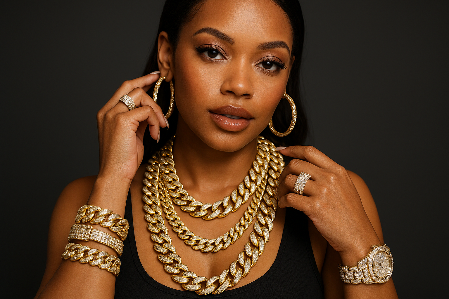 pretty girl wearing alot of hip hop shiny jewelry