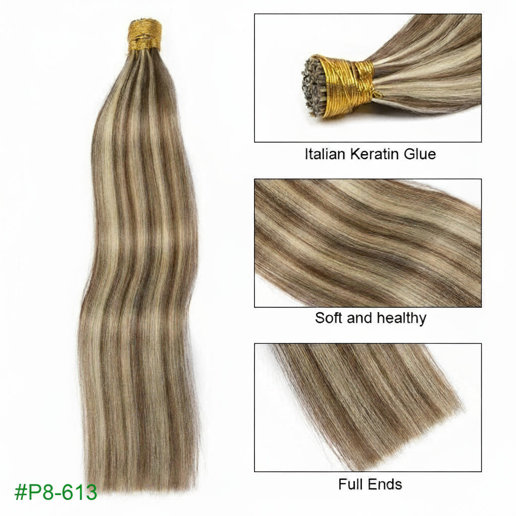 Straight I Tip Hair Extensions Human Hair Blonde Highlight Keratin