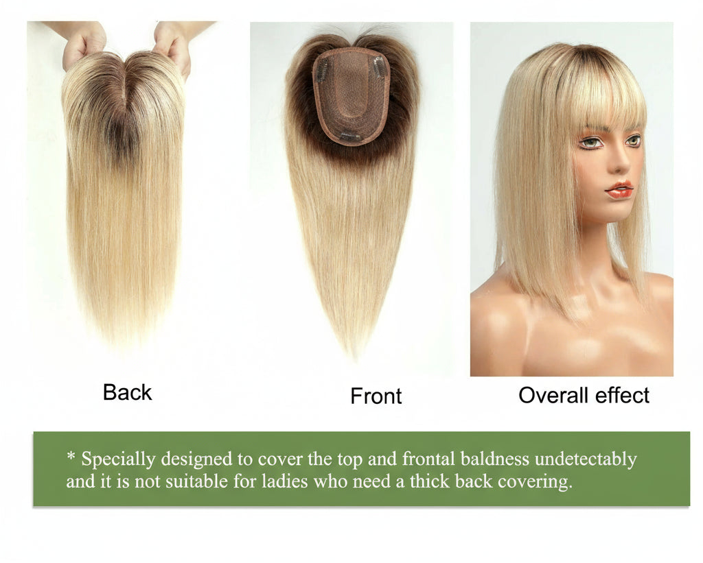 Blonde Human Hair Toppers with Bangs and Dark Root