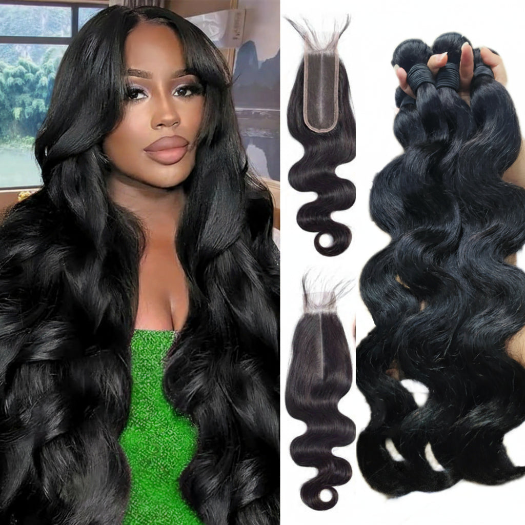 26 Inch Body Wave Bundles With Closure Brazilian Hair Weave 3/4 Bundles With Closure Bundles With 2X6 Closure