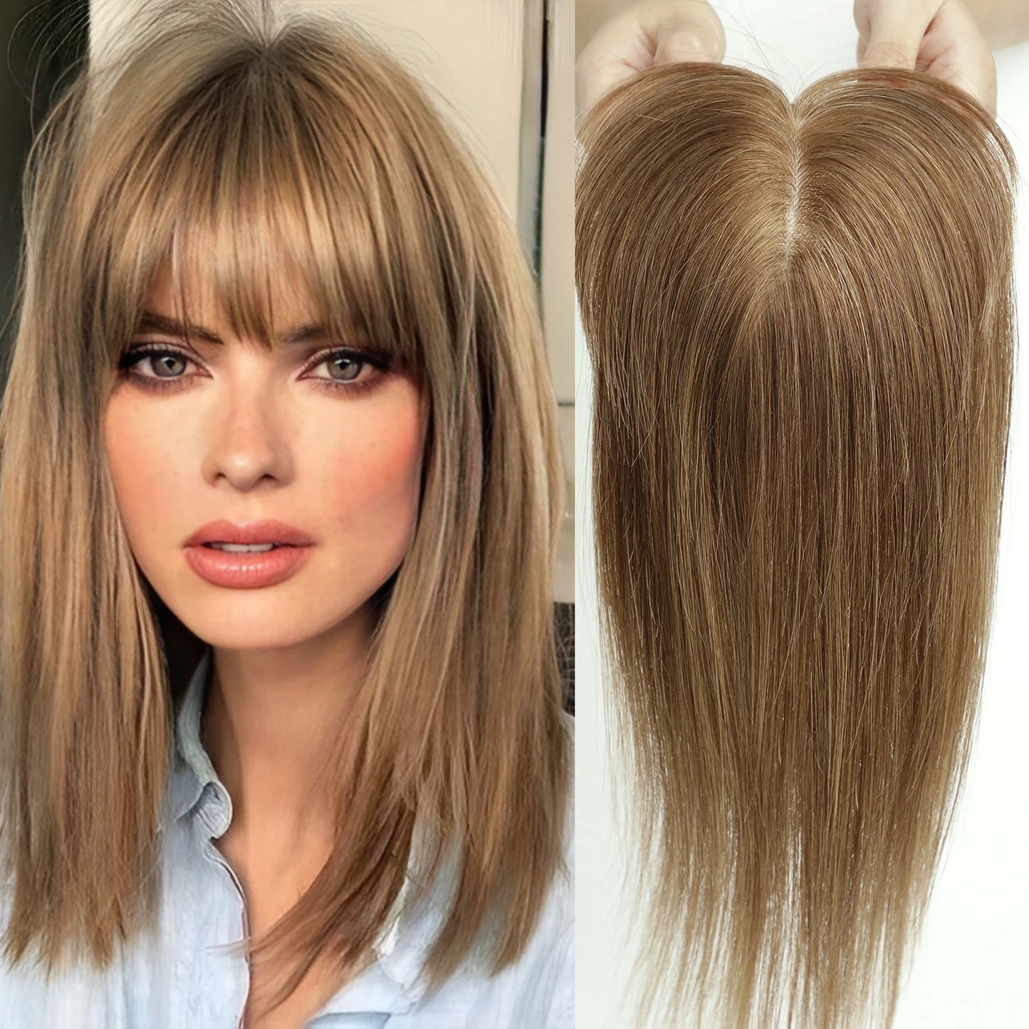 Blonde Human Hair Toppers with Bangs and Dark Root