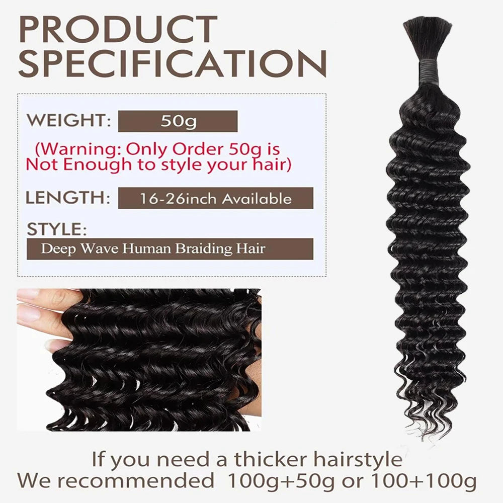 Human Braiding Hair 2Bundle 100g 18Inch Deep Wave Bulk Human Hair Brown Wet and Wavy Human Hair Bundles for Braiding No Weft