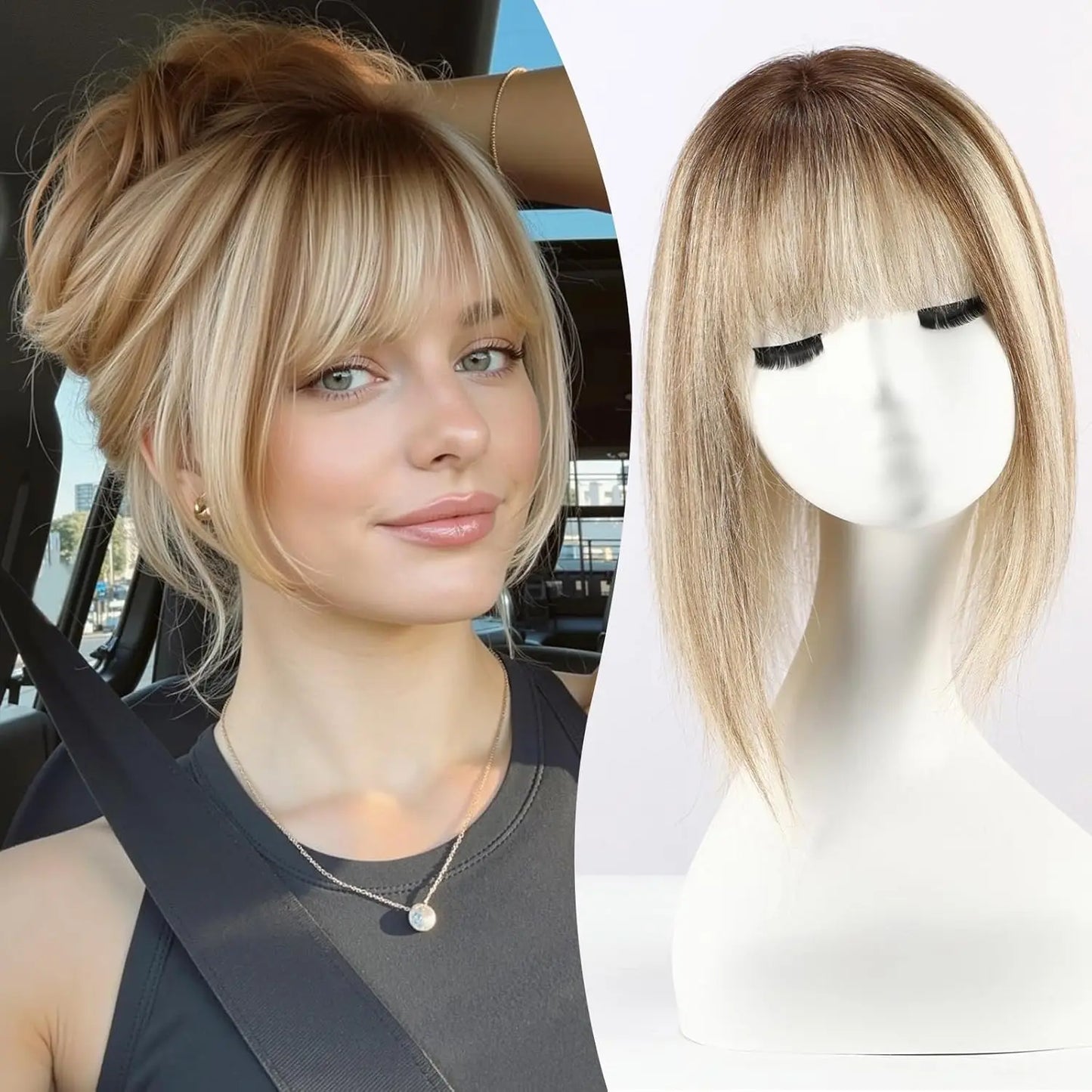 Brown Mixed Blonde Human Hair Topper with Bangs Natural Silk Straight Hair