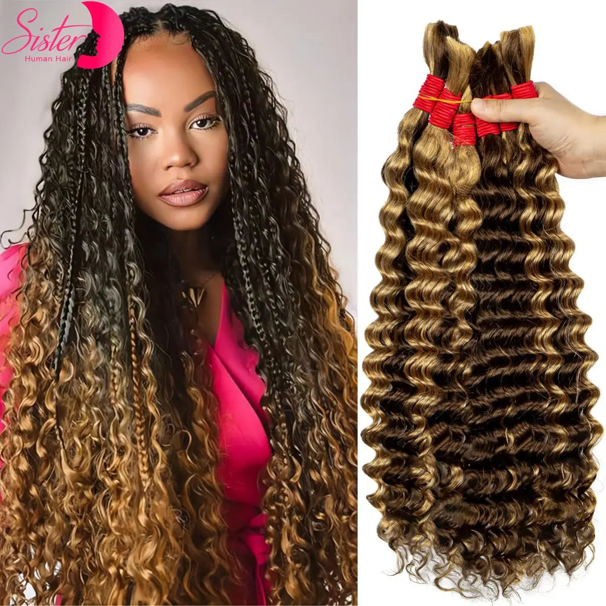 22 24Inch Deep Wave Bulk Human Hair for Boho Braids No Weft Colored 100% 12A Human Hair Bulk Curly Extensions for Braiding
