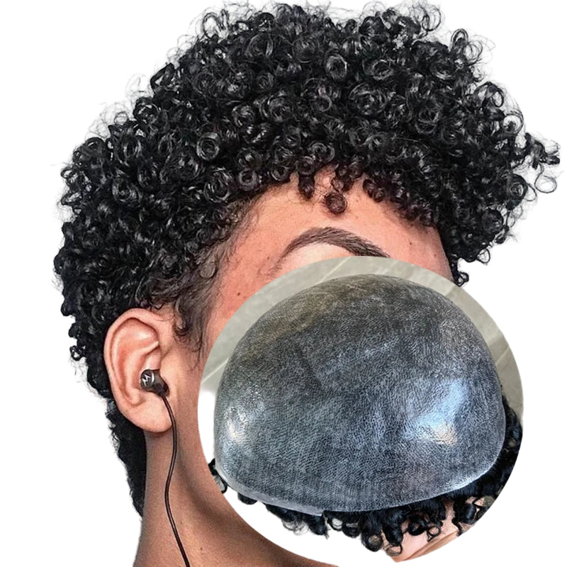 15mm Curly Mens Wig Durable Skin Toupee African American Human Hair Microskin