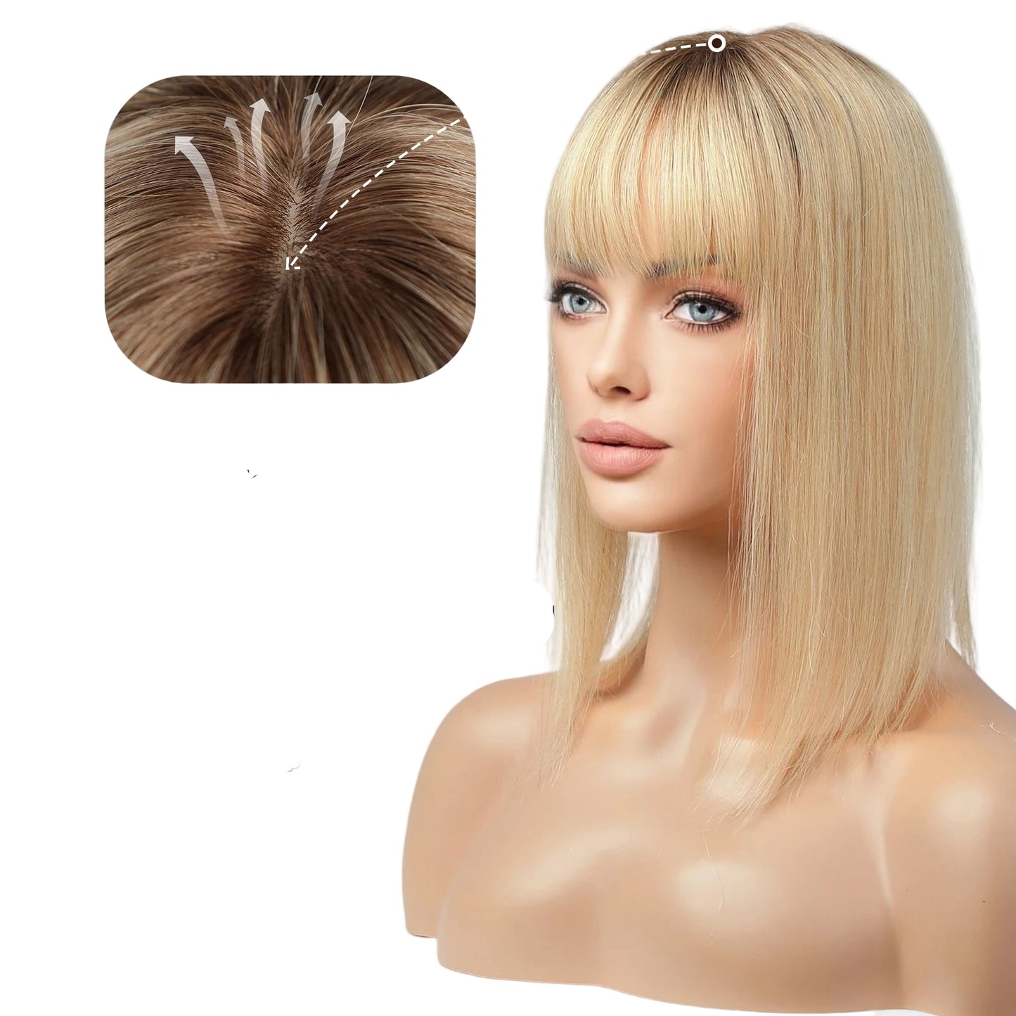 Blonde Human Hair Toppers with Bangs and Dark Root