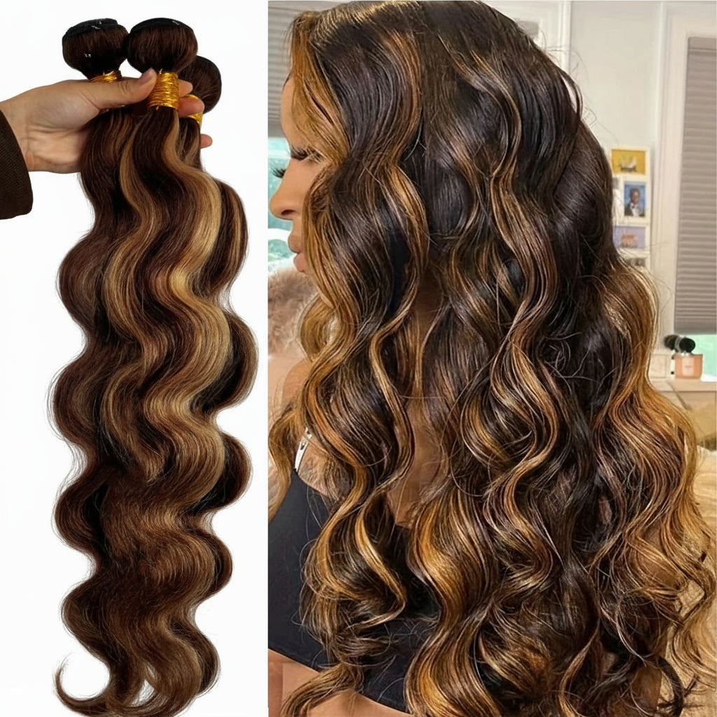 30 32 Inch Highlight Body Wave Bundle 100% Human Hair Bundle P4/27 Honey Brown Brazilian Hair Bundles 1 3 4 Remy Hair Bundle