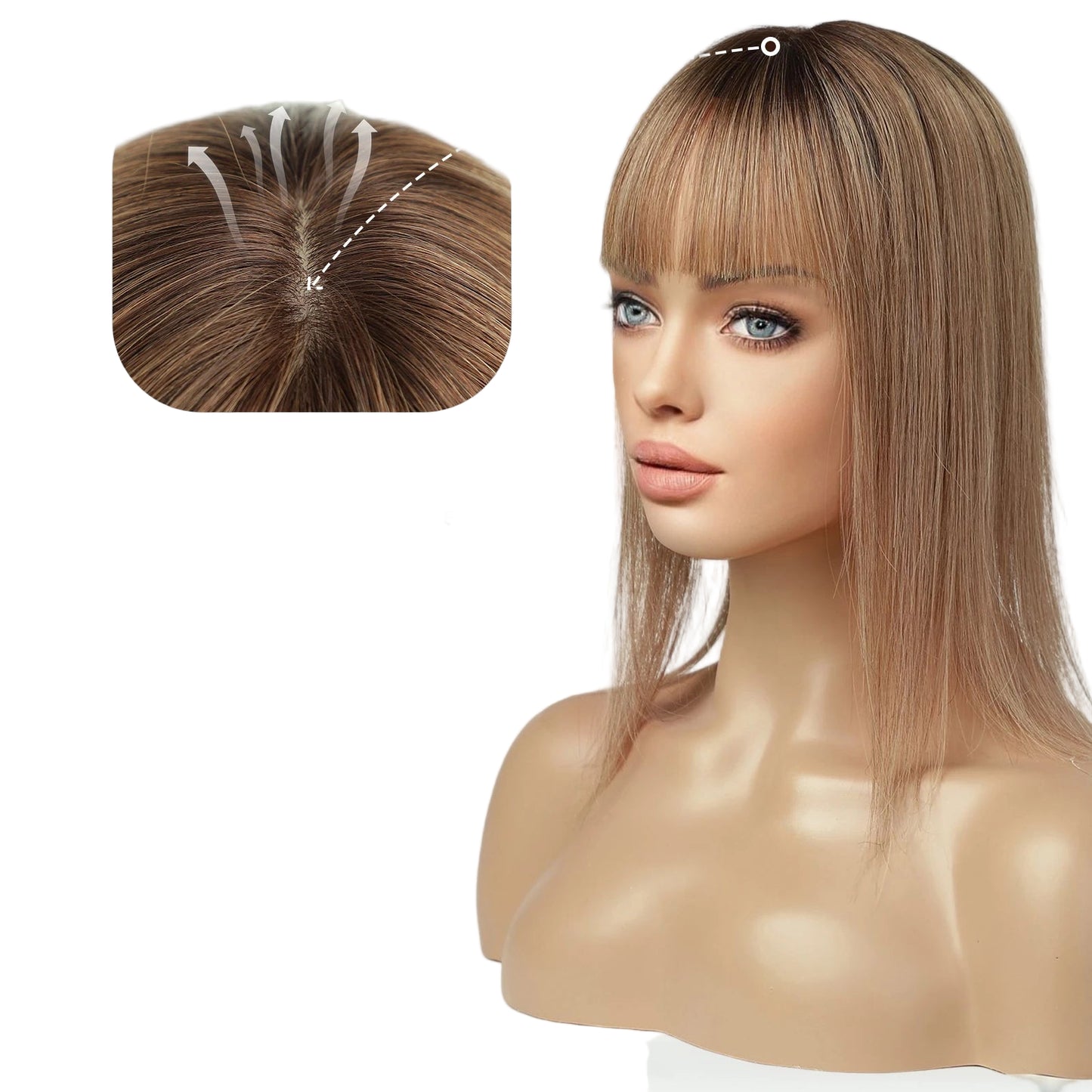 Blonde Human Hair Toppers with Bangs and Dark Root
