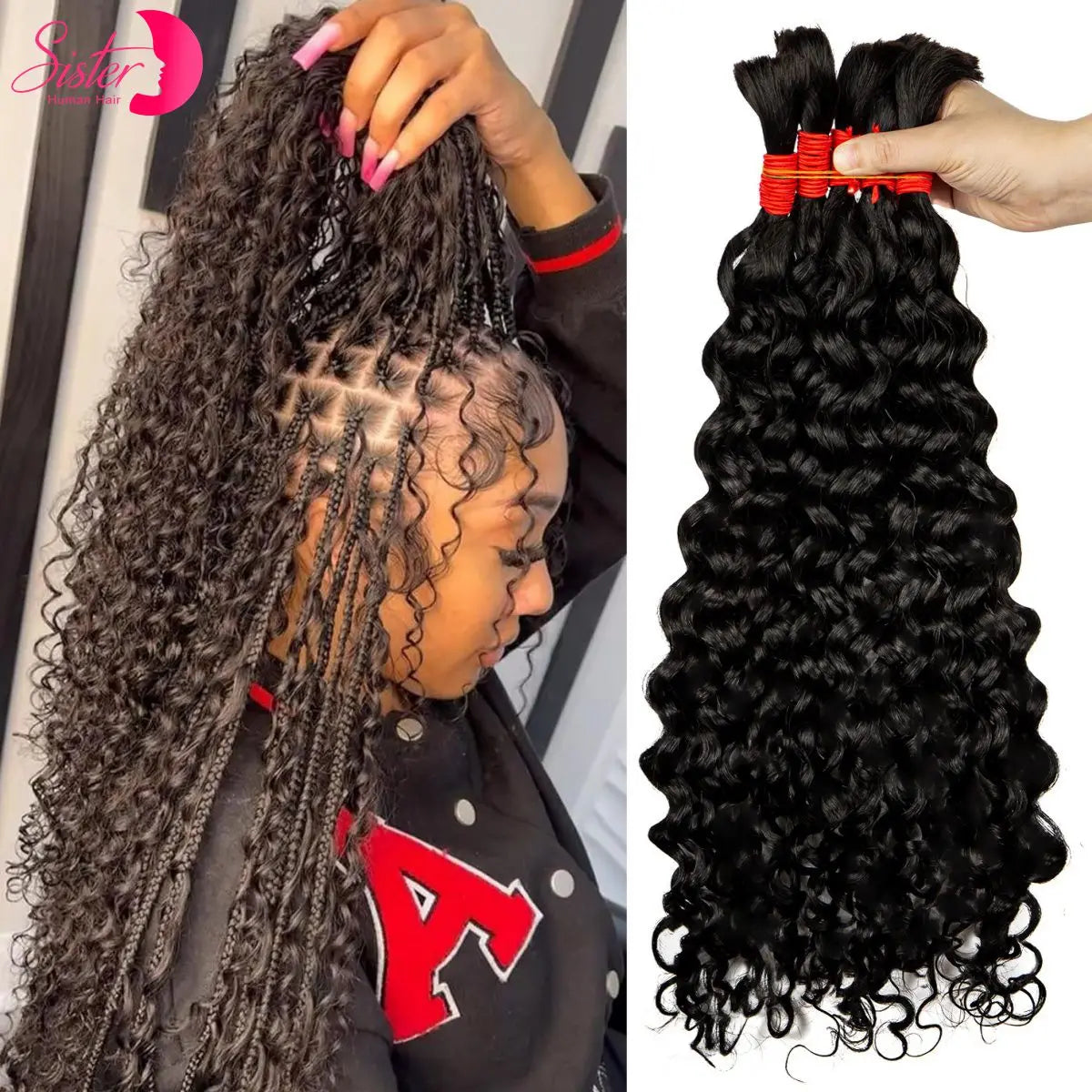 22 24Inch Deep Wave Bulk Human Hair for Boho Braids No Weft Colored 100% 12A Human Hair Bulk Curly Extensions for Braiding