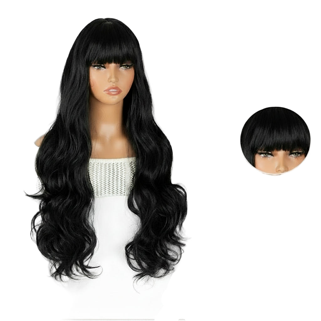 30" Black Curly Wig with Bangs