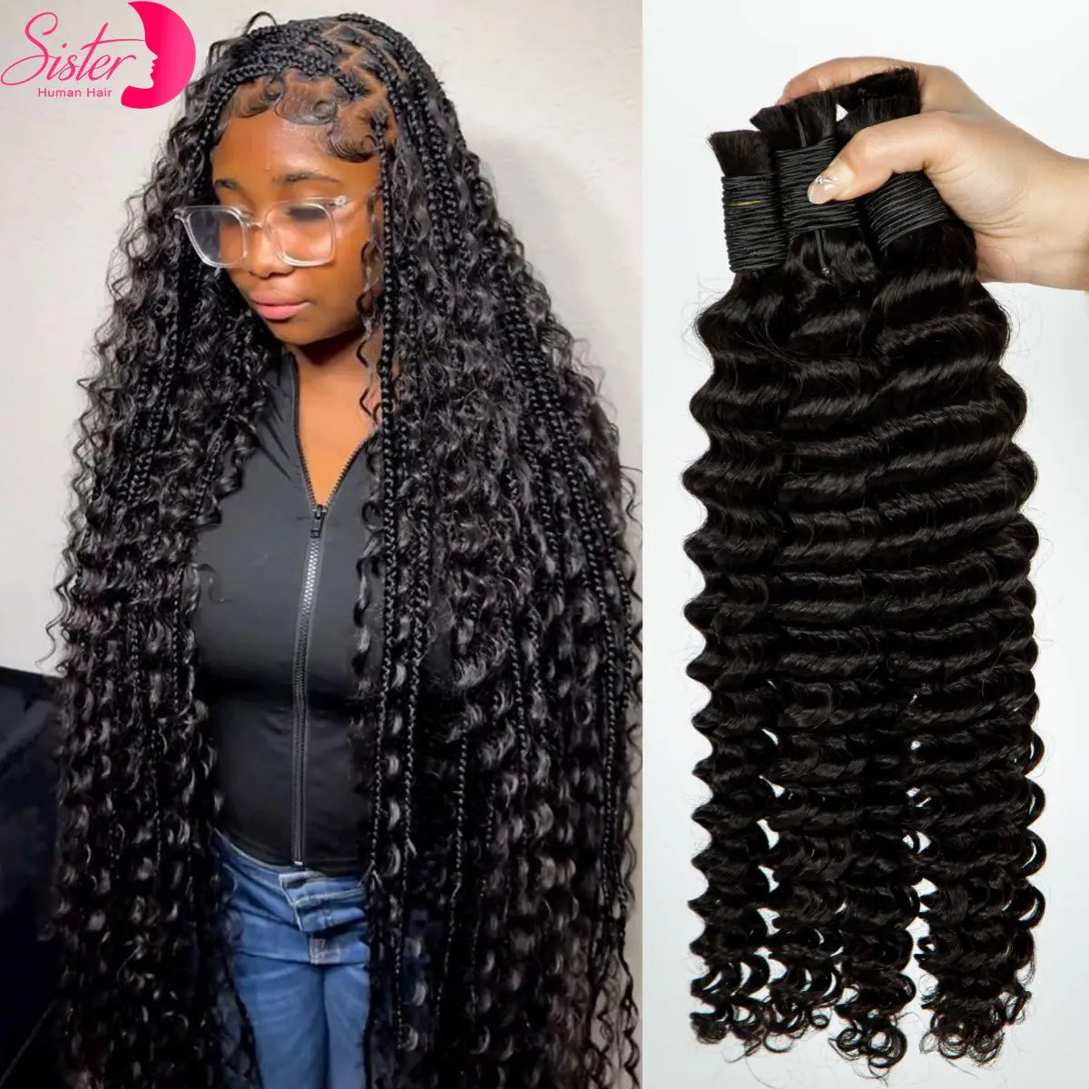22 24Inch Deep Wave Bulk Human Hair for Boho Braids No Weft Colored 100% 12A Human Hair Bulk Curly Extensions for Braiding