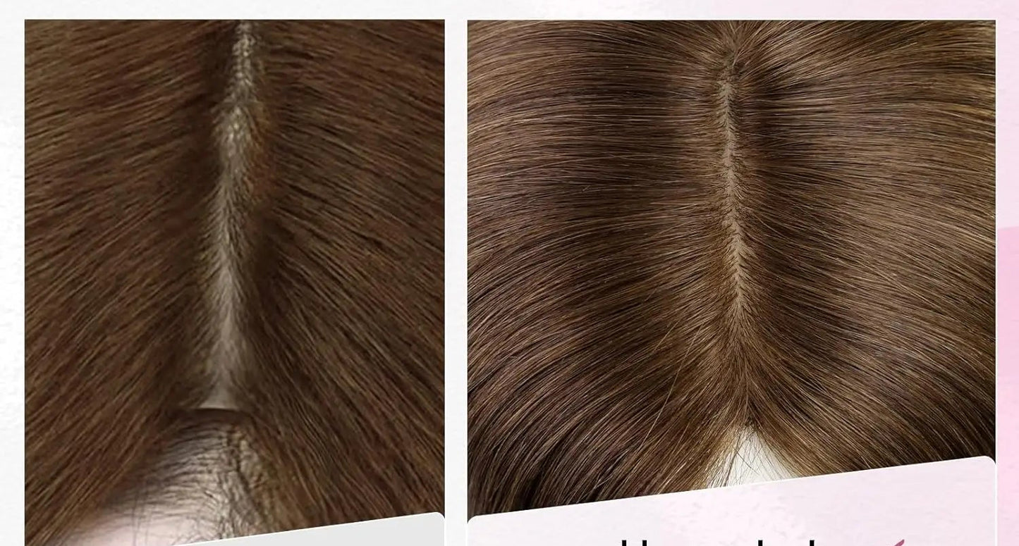 Brown Mixed Blonde Human Hair Topper with Bangs Natural Silk Straight Hair