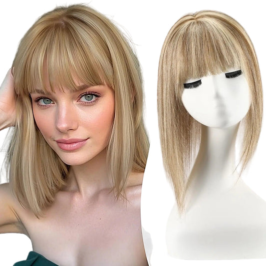 Brown Mixed Blonde Human Hair Topper with Bangs Natural Silk Straight Hair