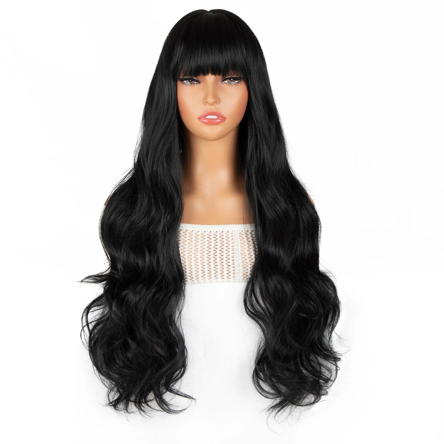 30" Black Curly Wig with Bangs