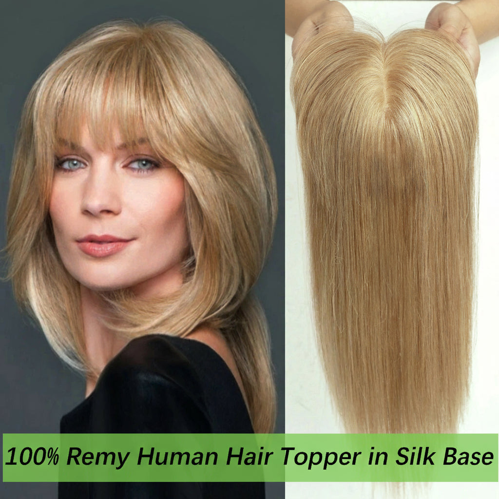 Blonde Human Hair Toppers with Bangs and Dark Root