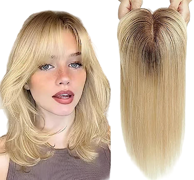 Blonde Human Hair Toppers with Bangs and Dark Root