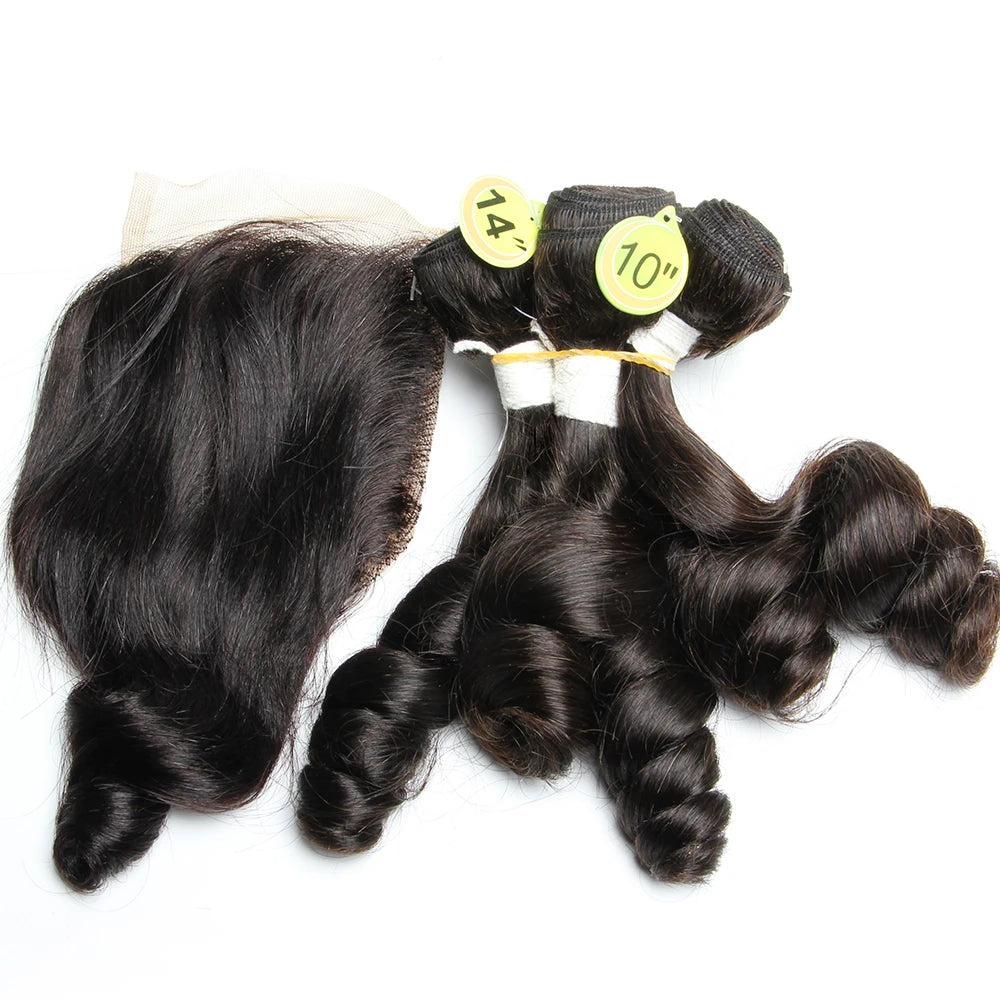 Loose Wave Bundles with Closure 4x4 Brazilian Human Hair Weave 5Pcs Bouncy Curly Bundles with Closure HD Transparant