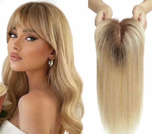 Blonde Human Hair Toppers with Bangs and Dark Root