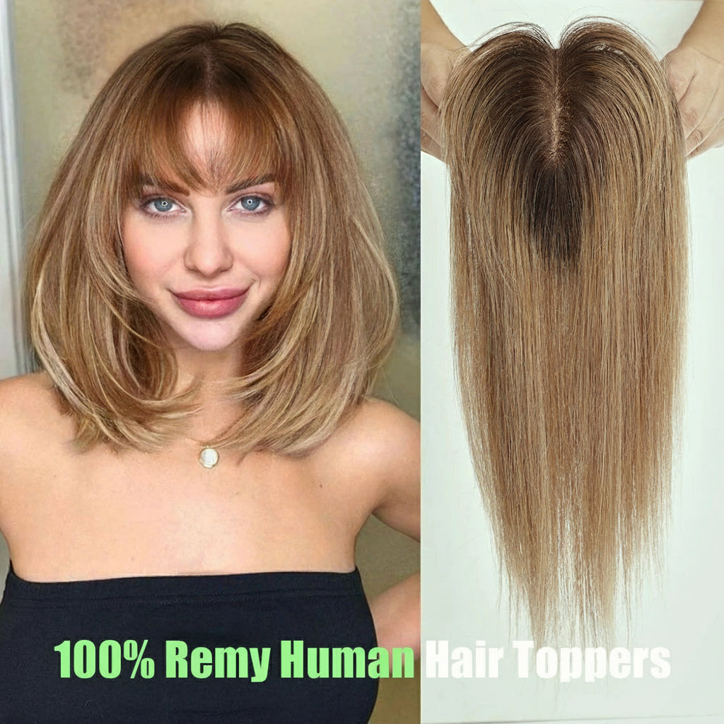 Blonde Human Hair Toppers with Bangs and Dark Root
