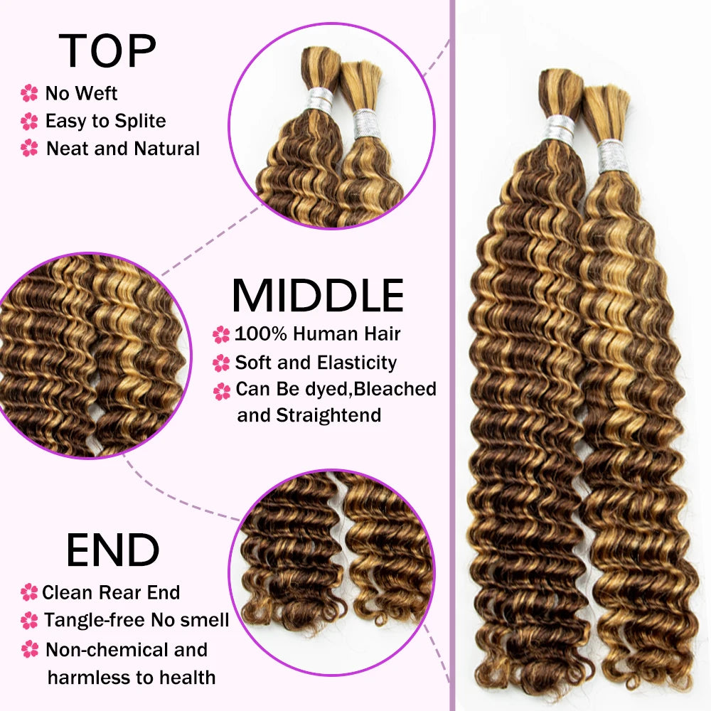 22 24Inch Deep Wave Bulk Human Hair for Boho Braids No Weft Colored 100% 12A Human Hair Bulk Curly Extensions for Braiding