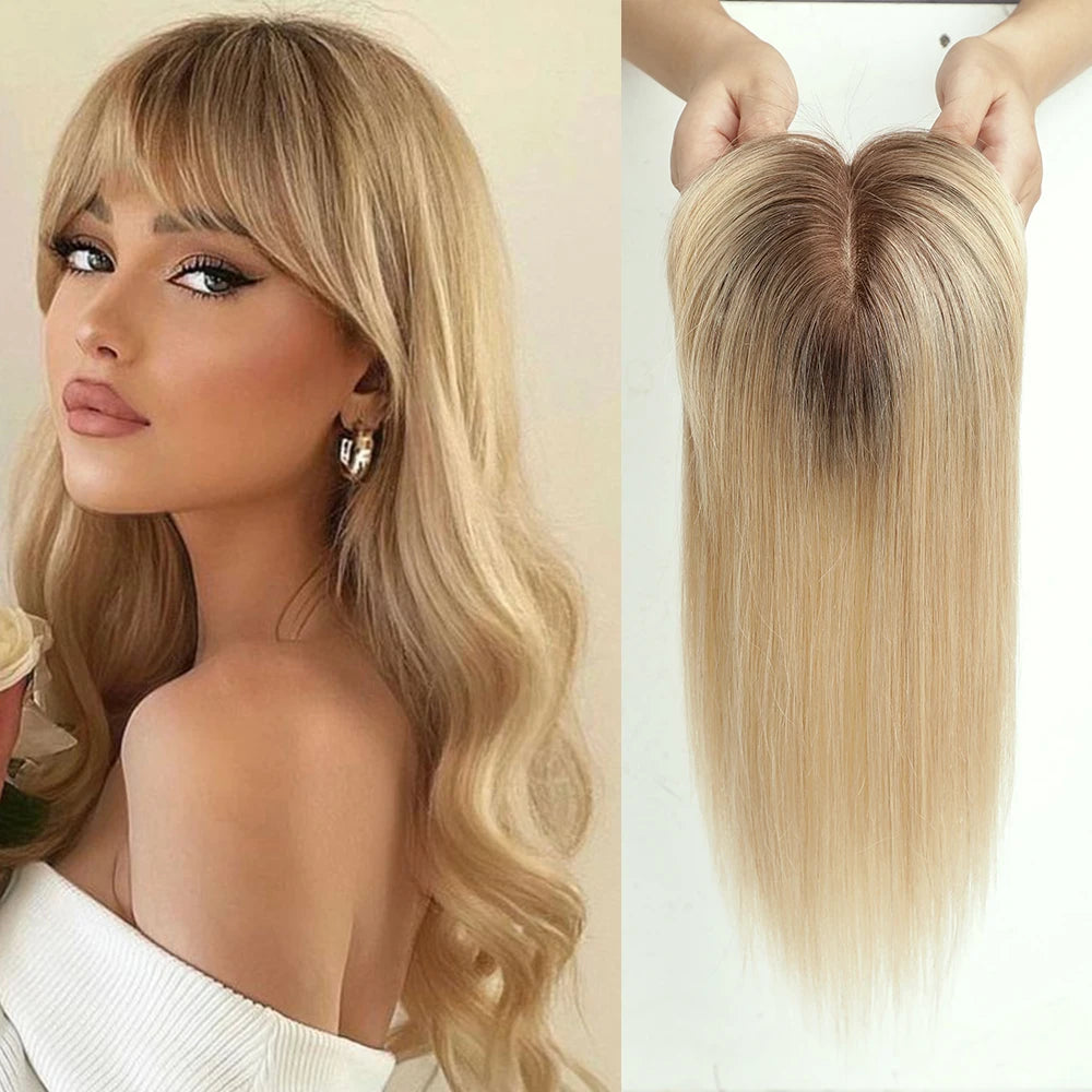 Blonde Human Hair Toppers with Bangs and Dark Root