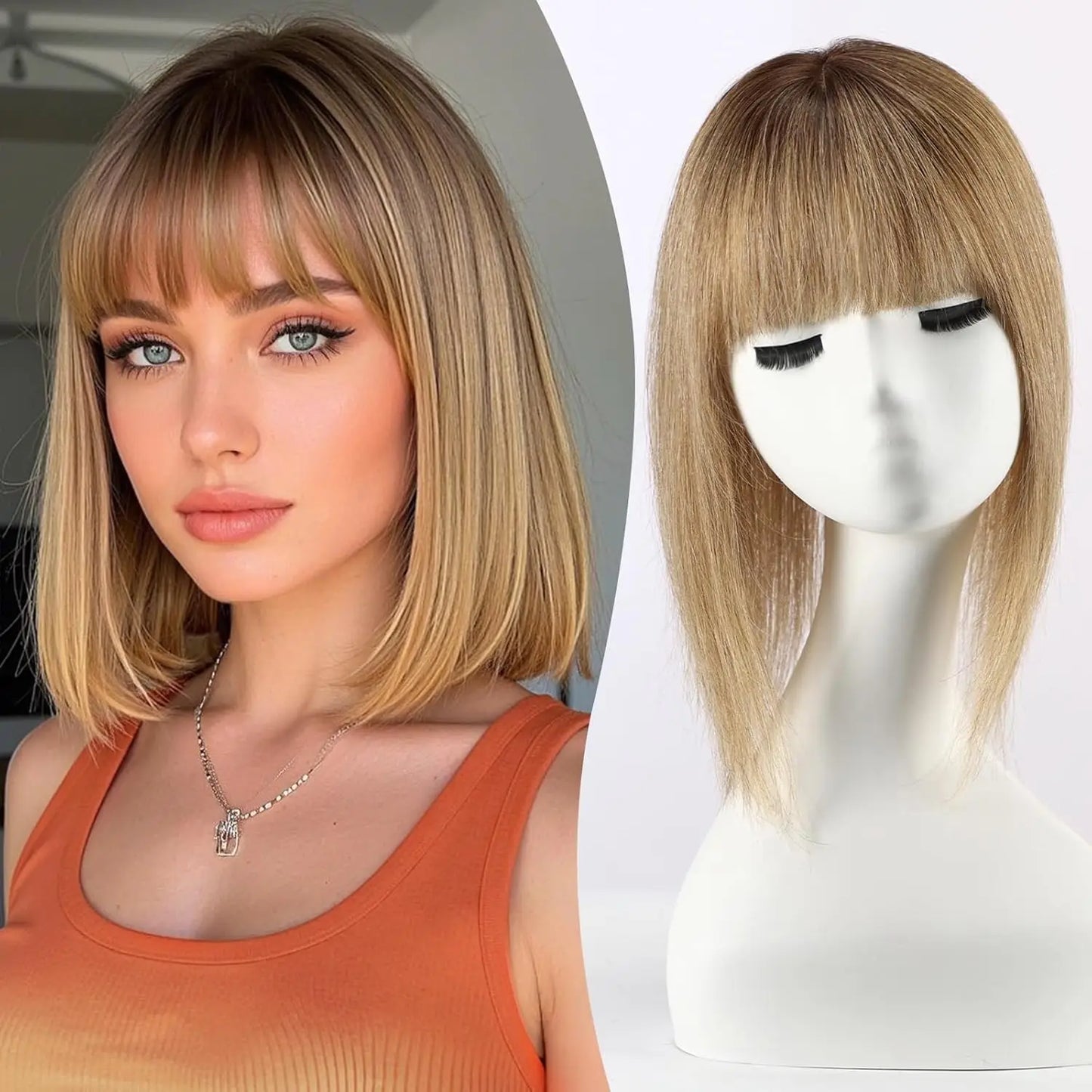 Brown Mixed Blonde Human Hair Topper with Bangs Natural Silk Straight Hair