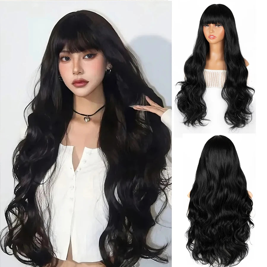 30" Black Curly Wig with Bangs