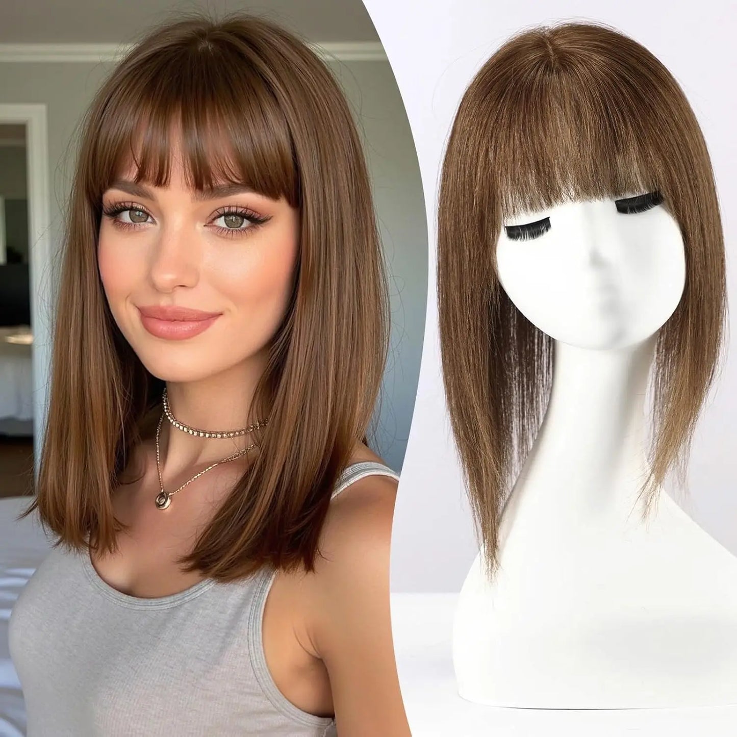 Brown Mixed Blonde Human Hair Topper with Bangs Natural Silk Straight Hair