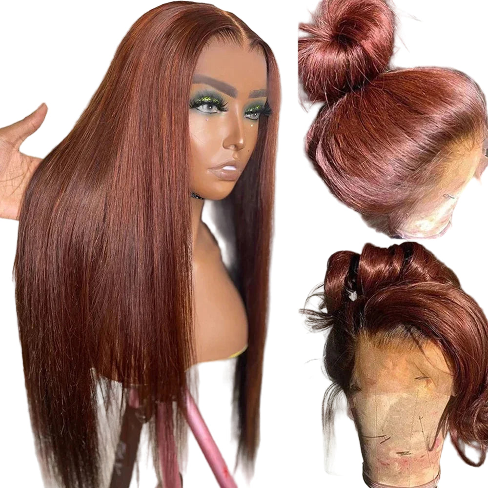Reddish Brown HD Lace Front Wig Brazilian Straight Human Hair Wig