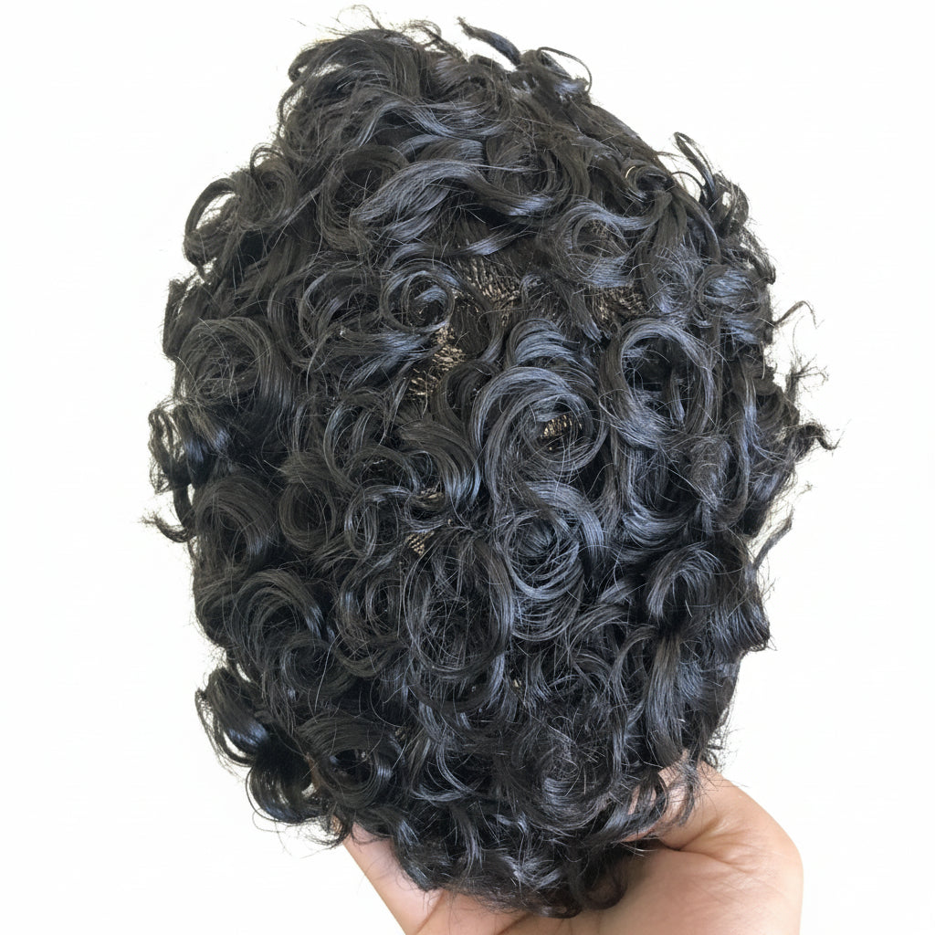 15mm Curly Mens Wig Durable Skin Toupee African American Human Hair Microskin