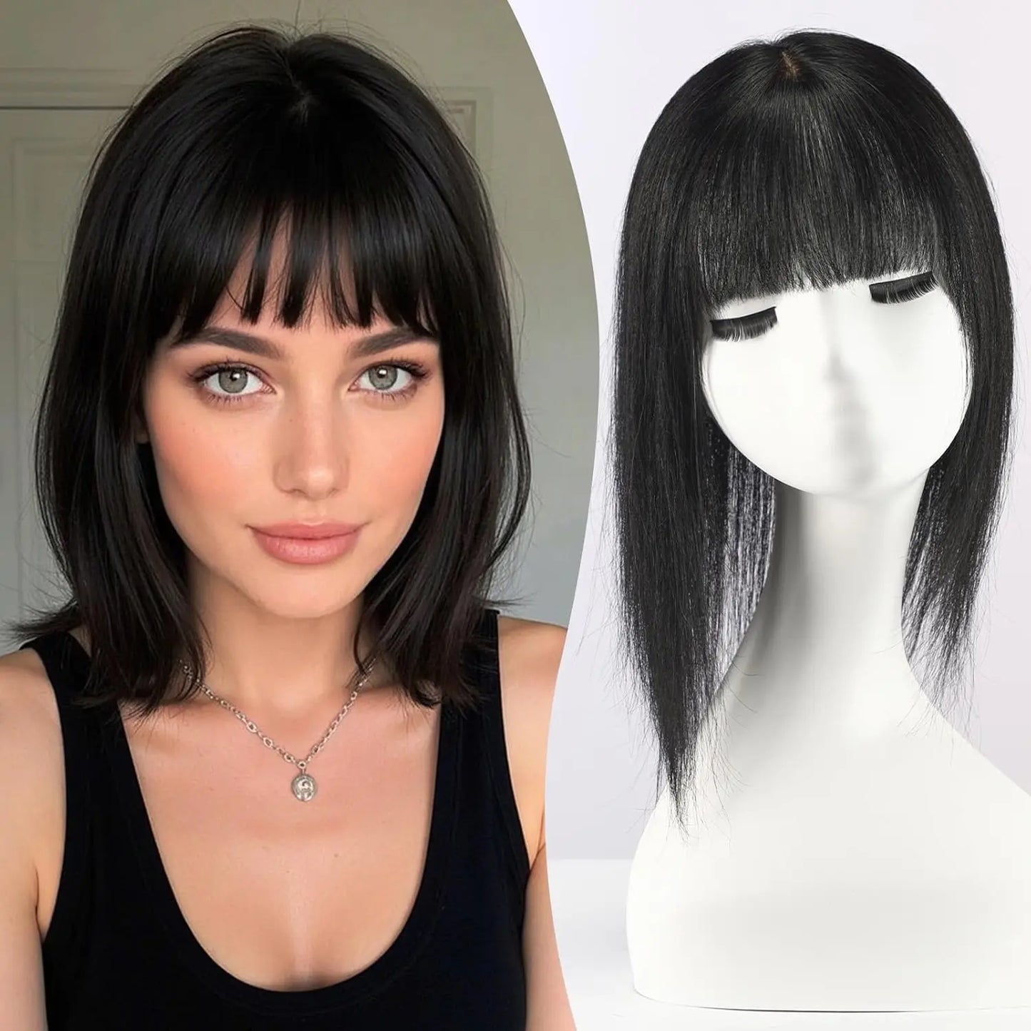 Brown Mixed Blonde Human Hair Topper with Bangs Natural Silk Straight Hair