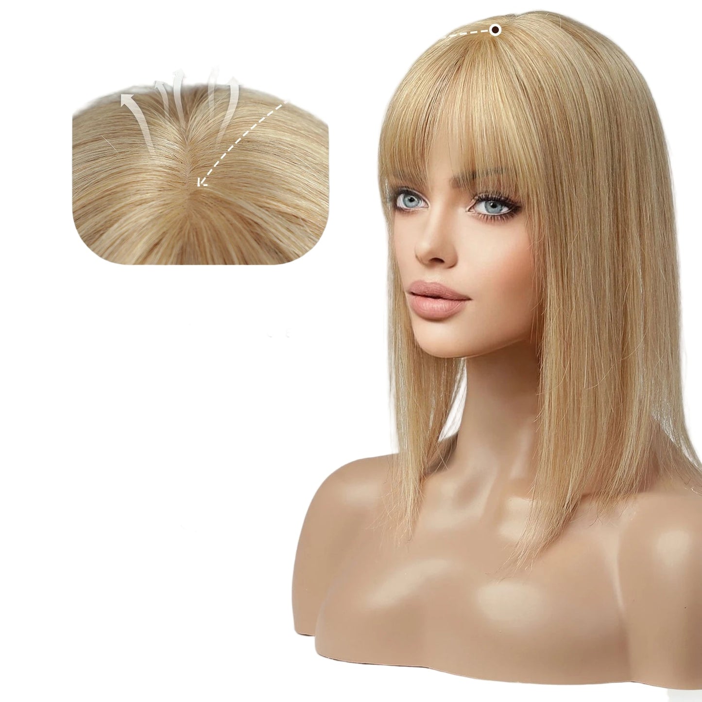 Blonde Human Hair Toppers with Bangs and Dark Root