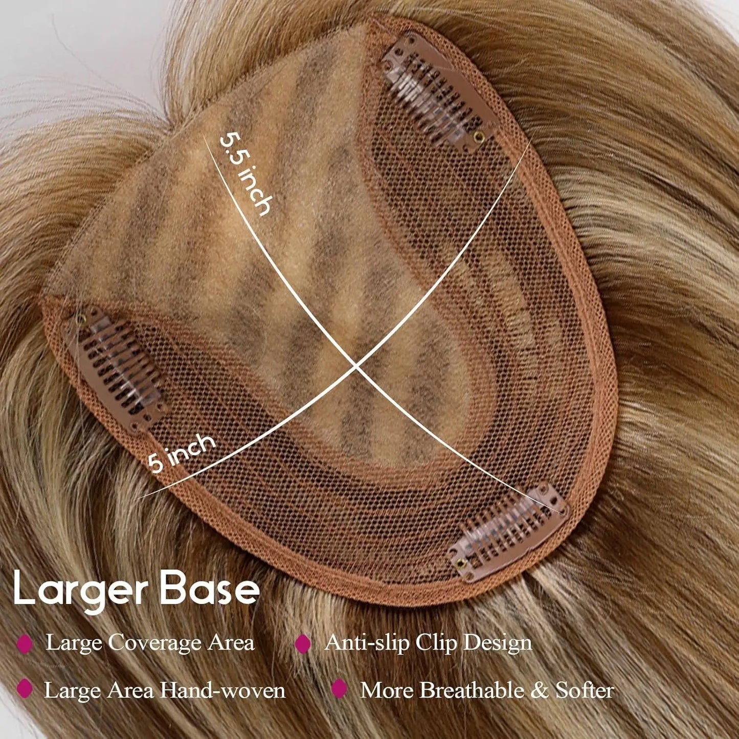 Brown Mixed Blonde Human Hair Topper with Bangs Natural Silk Straight Hair