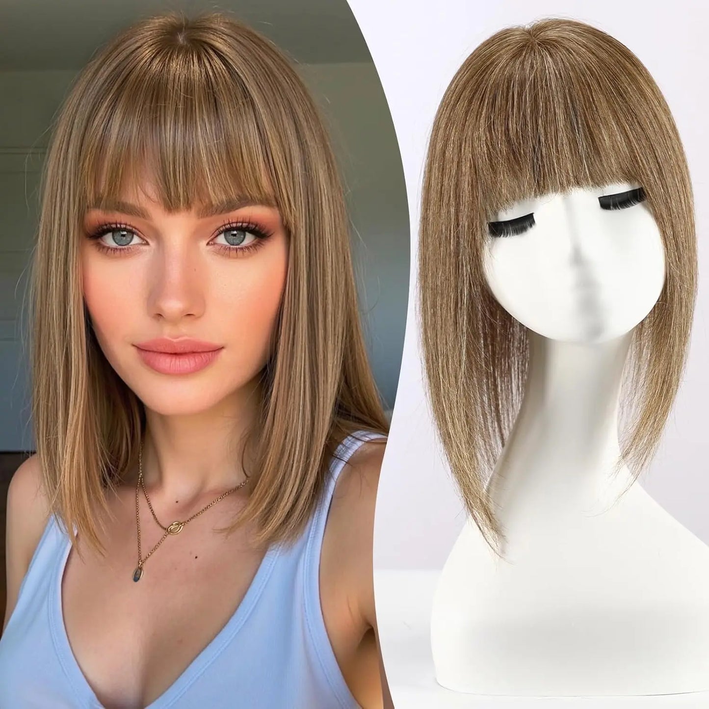 Brown Mixed Blonde Human Hair Topper with Bangs Natural Silk Straight Hair