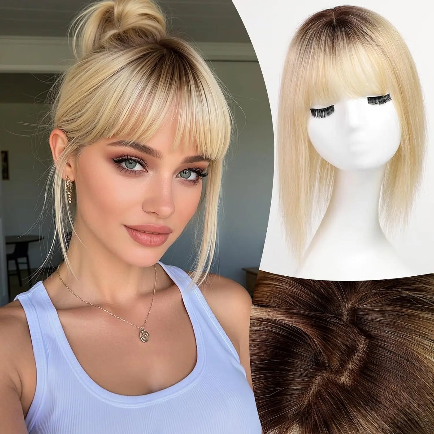 Brown Mixed Blonde Human Hair Topper with Bangs Natural Silk Straight Hair