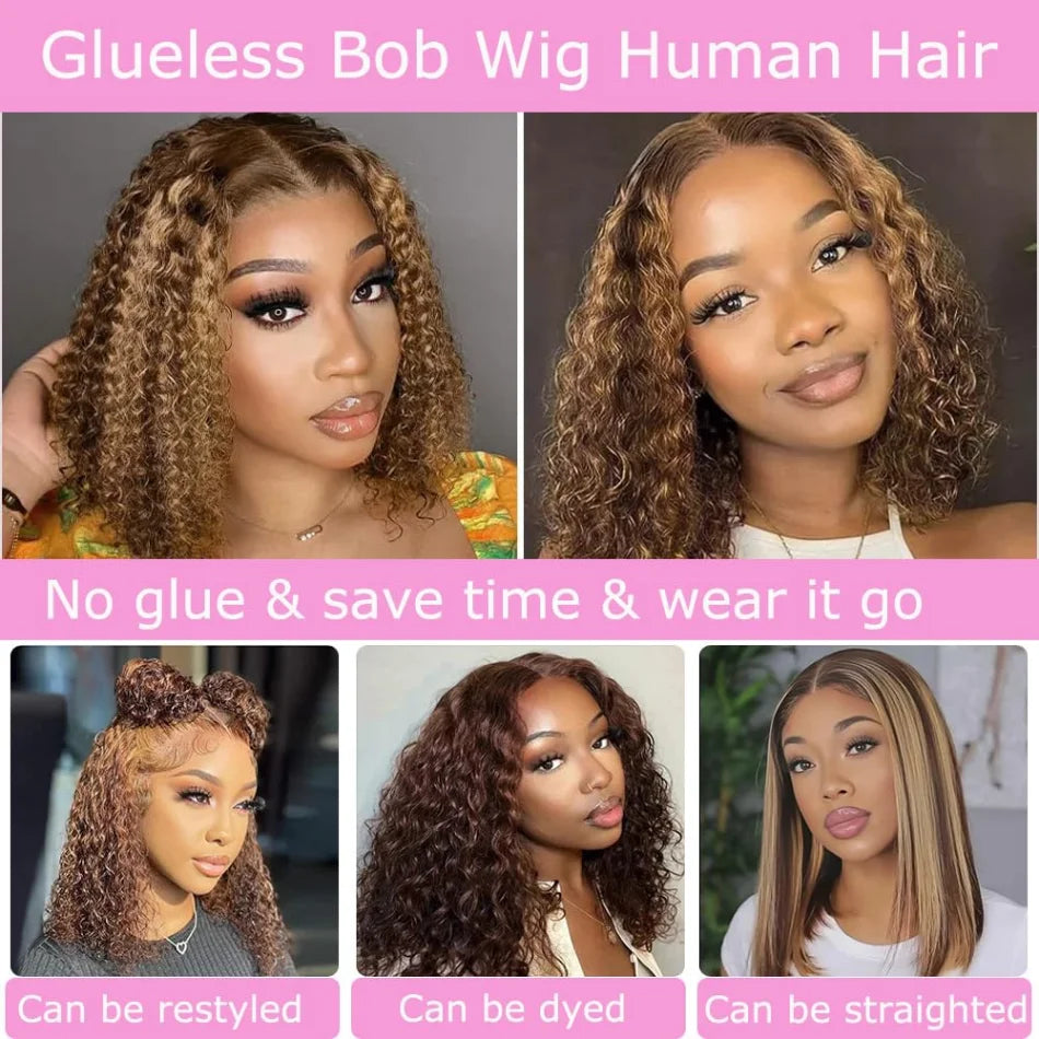Glueless Short Ombre Bob Wig Human Hair 100% Curly
