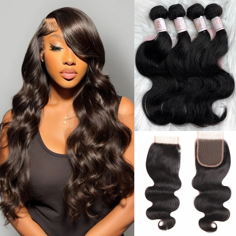 Body Wave Bundles Human Hair With Closure Brazilian Hair Wave 4 Bundles With 4x4 Lace Closure Remy Hair Extension For Women