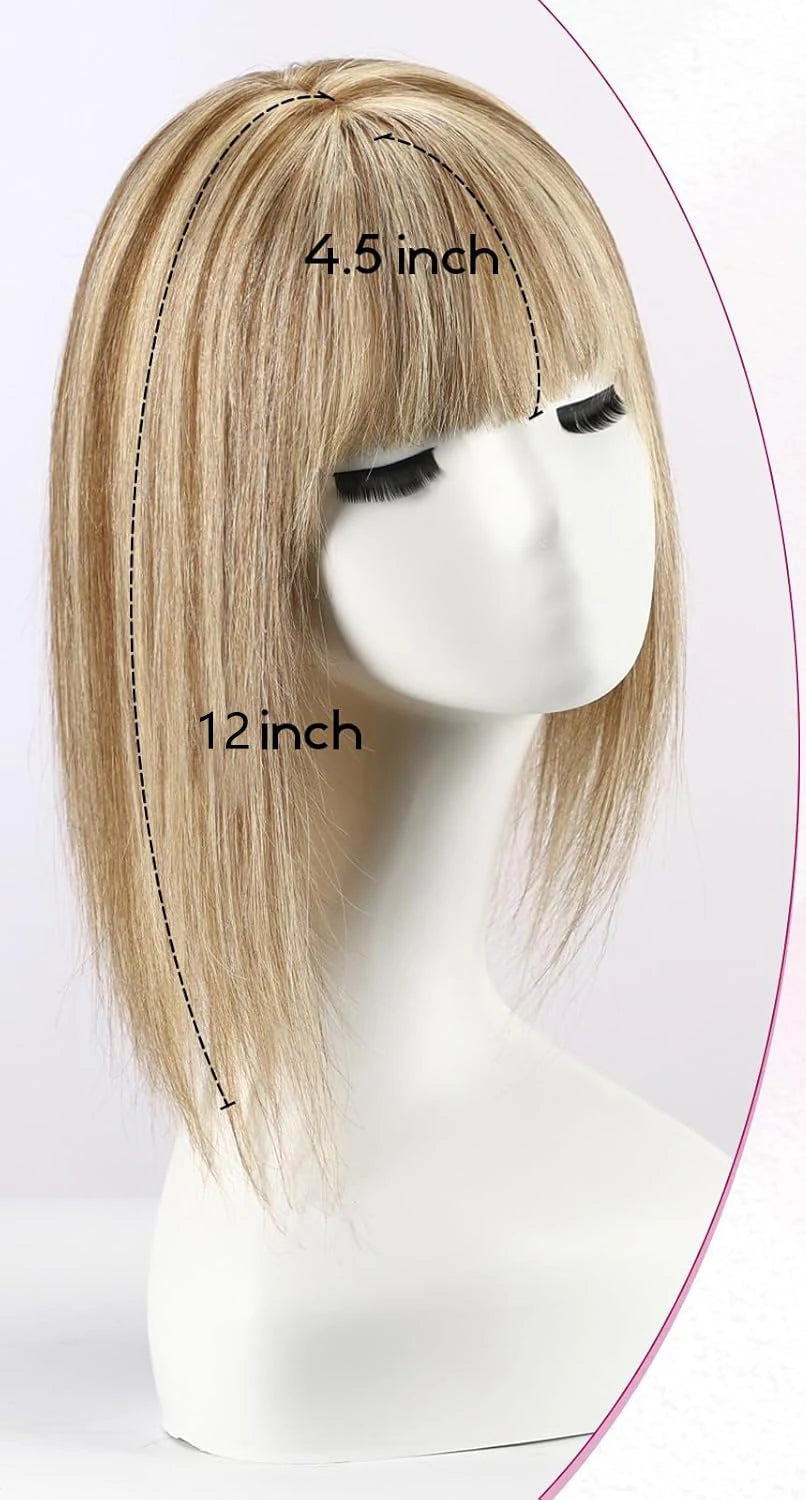 Brown Mixed Blonde Human Hair Topper with Bangs Natural Silk Straight Hair