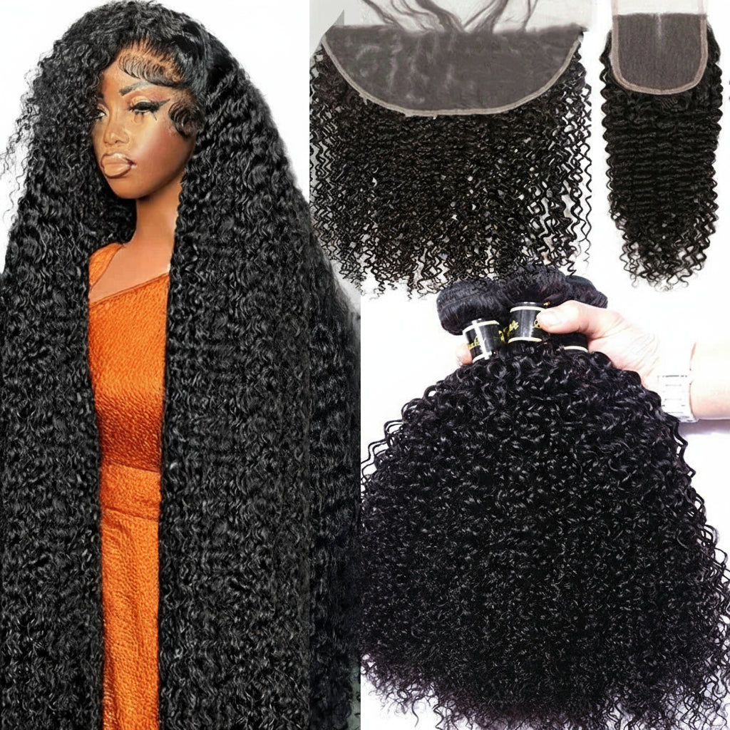 Afro Deep Kinky Curly Human Hair 3/4 Bundle with HD Transparent Lace Frontal Closure And Bundle 100% Virgin Hair Weave Extension