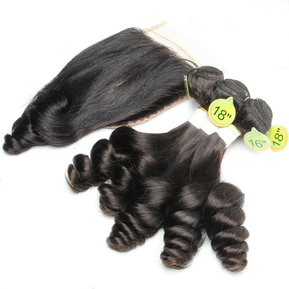 Loose Wave Bundles with Closure 4x4 Brazilian Human Hair Weave 5Pcs Bouncy Curly Bundles with Closure HD Transparant