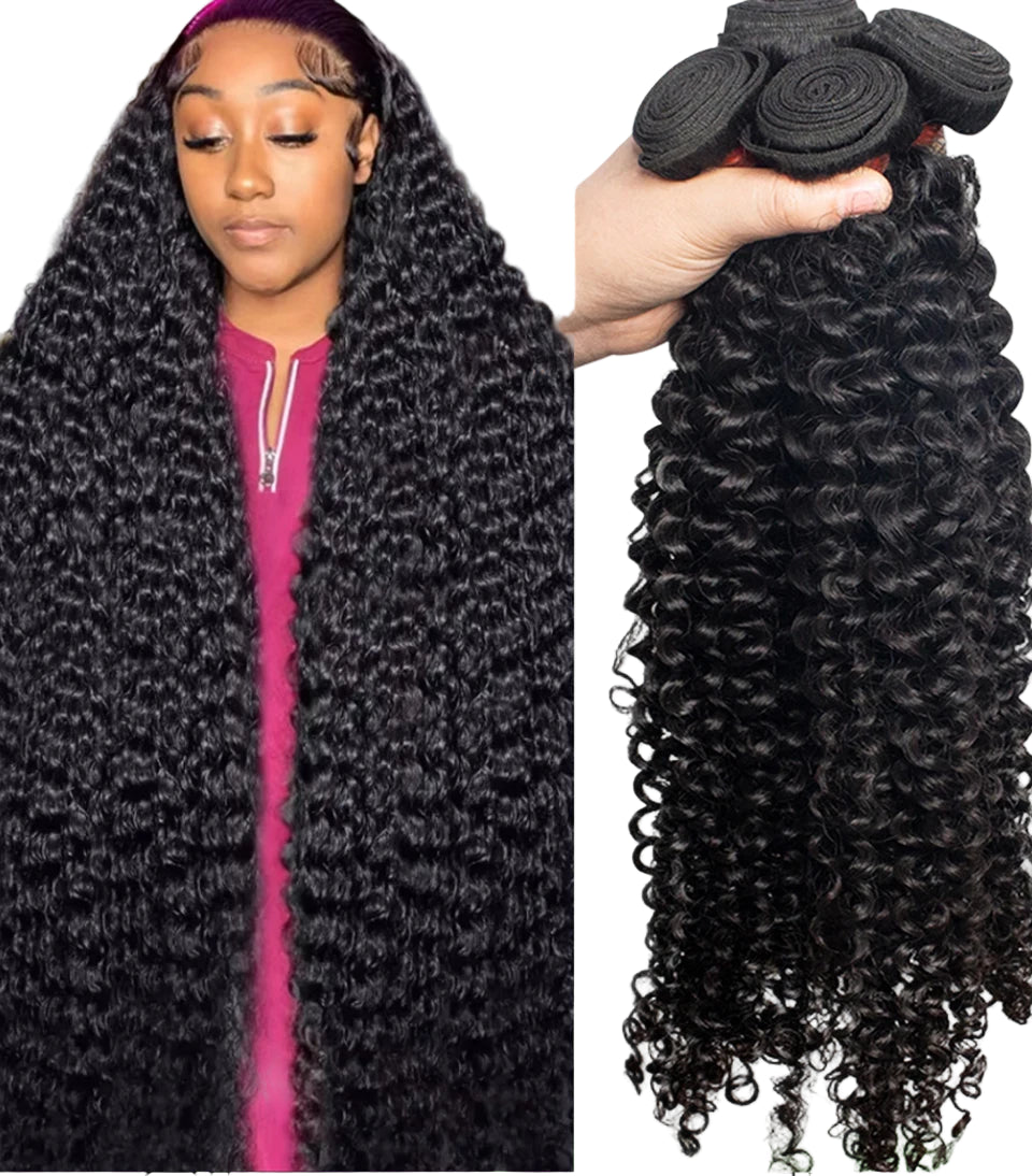 Afro Deep Kinky Curly Human Hair 3/4 Bundle with HD Transparent Lace Frontal Closure And Bundle 100% Virgin Hair Weave Extension