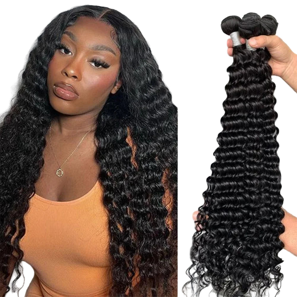 Deep Wave Human Hair Bundles 24 26 28 inch Deep Curly Bundles 100% Human Hair for Women Brazilian Raw Hair Extensions