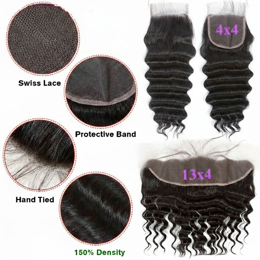 15A Loose Deep Wave Bundles With Frontal Closure Peruvian Hair  100% Raw Virgin Human Hair Bundles With Frontal Hair Extensions