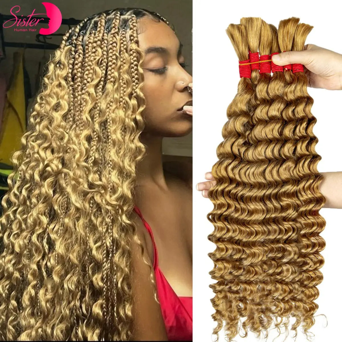 22 24Inch Deep Wave Bulk Human Hair for Boho Braids No Weft Colored 100% 12A Human Hair Bulk Curly Extensions for Braiding
