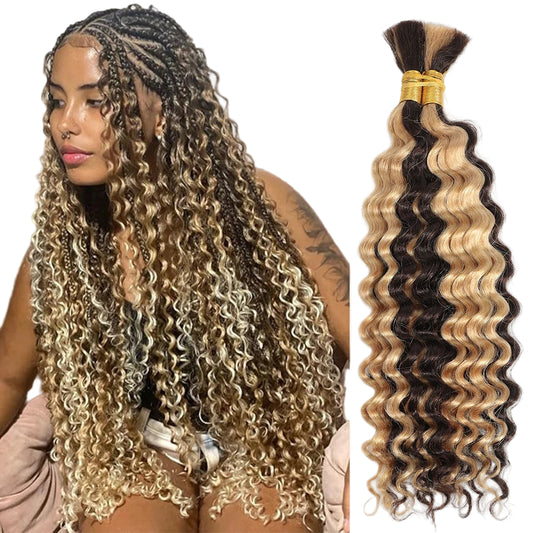 Deep Wave Bulk Human Hair Braiding P4/27 Highligt Blonde Curly Brazilian